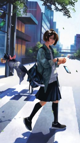 人行横道 女学生 手机 猫 4k手机壁纸竖屏动漫