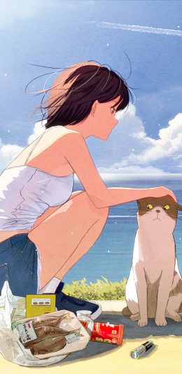 女生和猫在海边