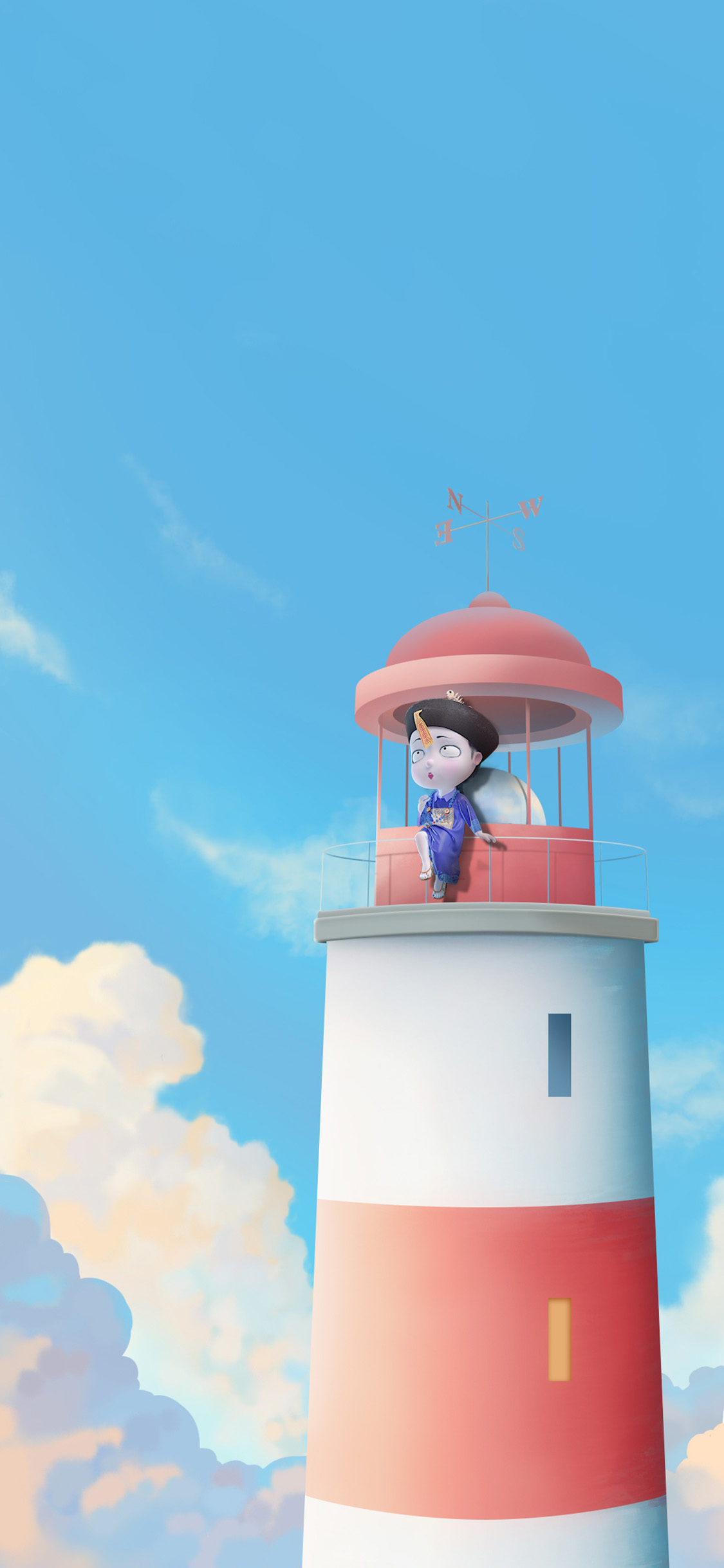 [2436×1125]3D 僵小鱼 灯塔 蓝天 苹果手机动漫壁纸图片