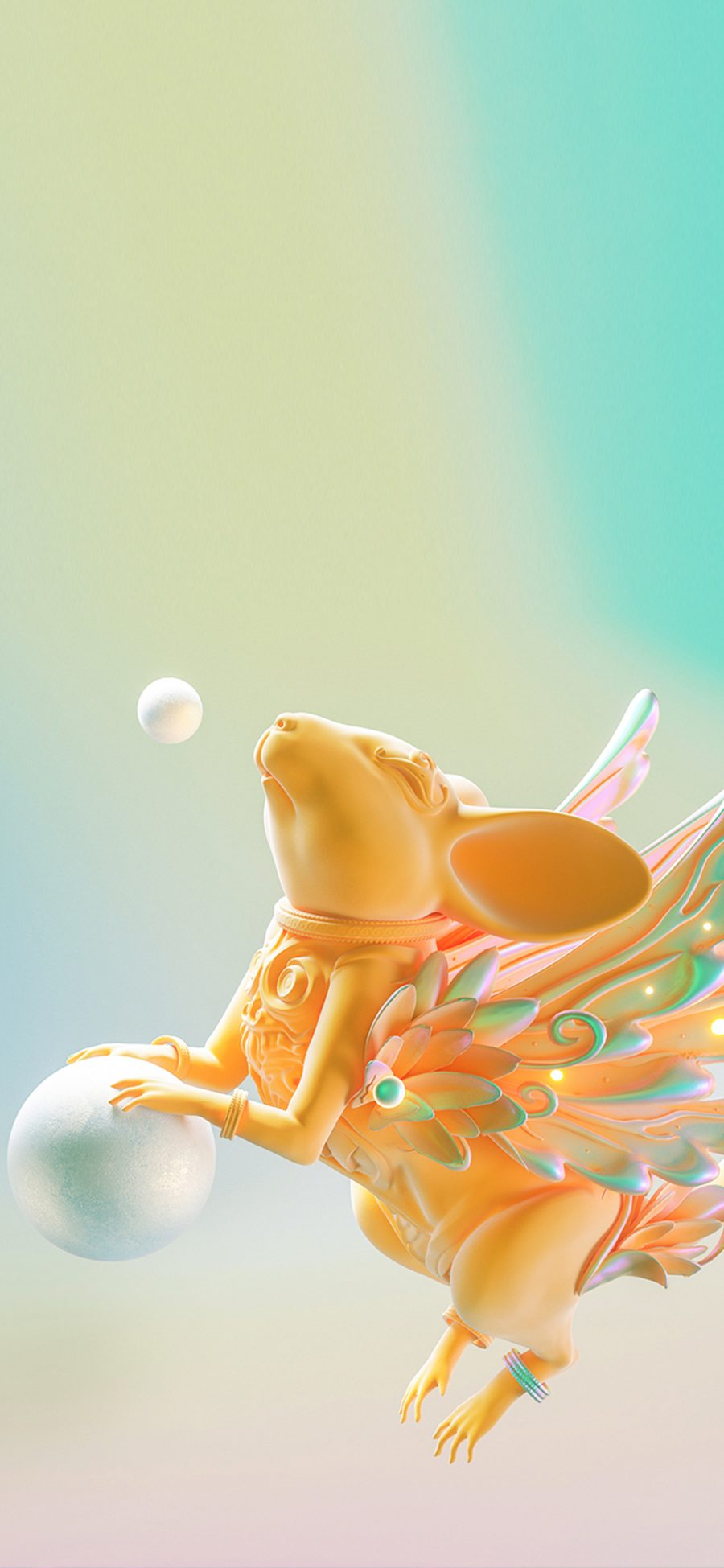 [2436×1125]3D 合成 老鼠 金色 翅膀 苹果手机动漫壁纸图片