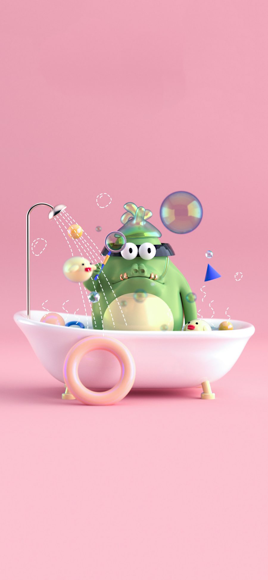 [2436×1125]3D 小鳄鱼 洗澡 可爱 苹果手机动漫壁纸图片