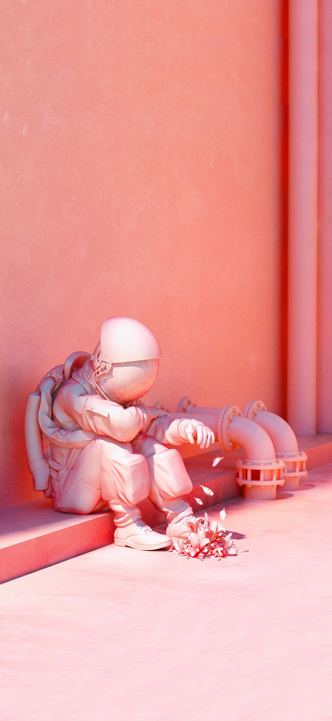 [2436×1125]3D插画 制服 孤独 花瓣 苹果手机动漫壁纸图片