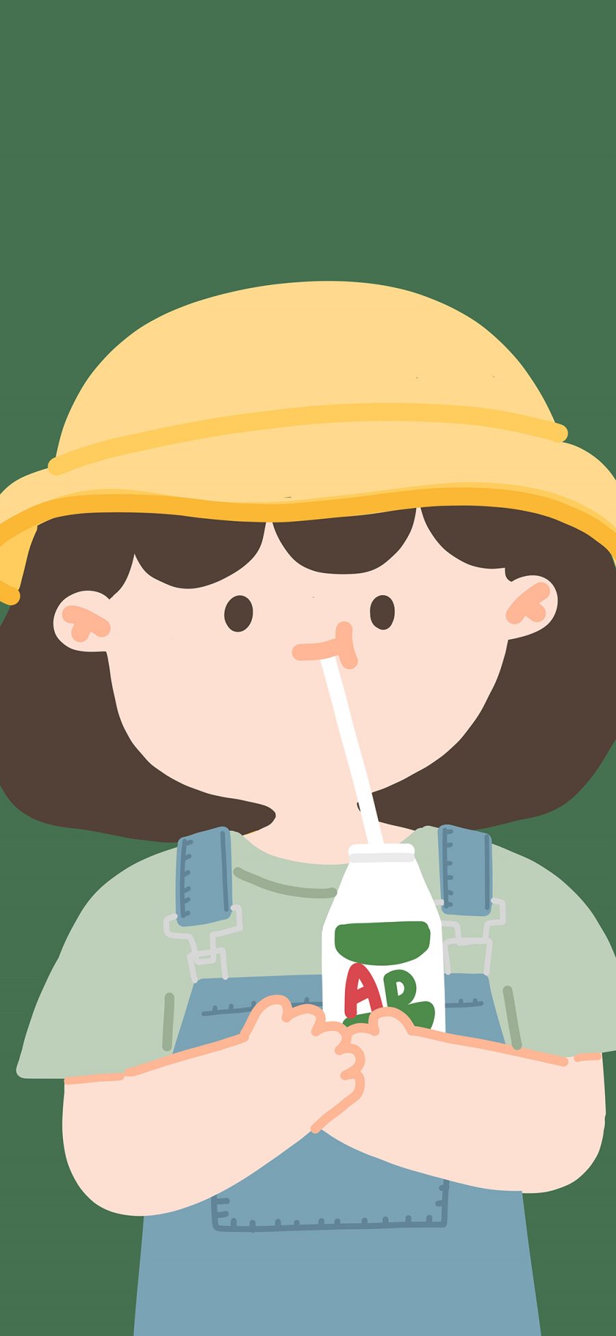 [2436×1125]AD钙奶 小女孩 吸管 饮料 绿色 苹果手机动漫壁纸图片