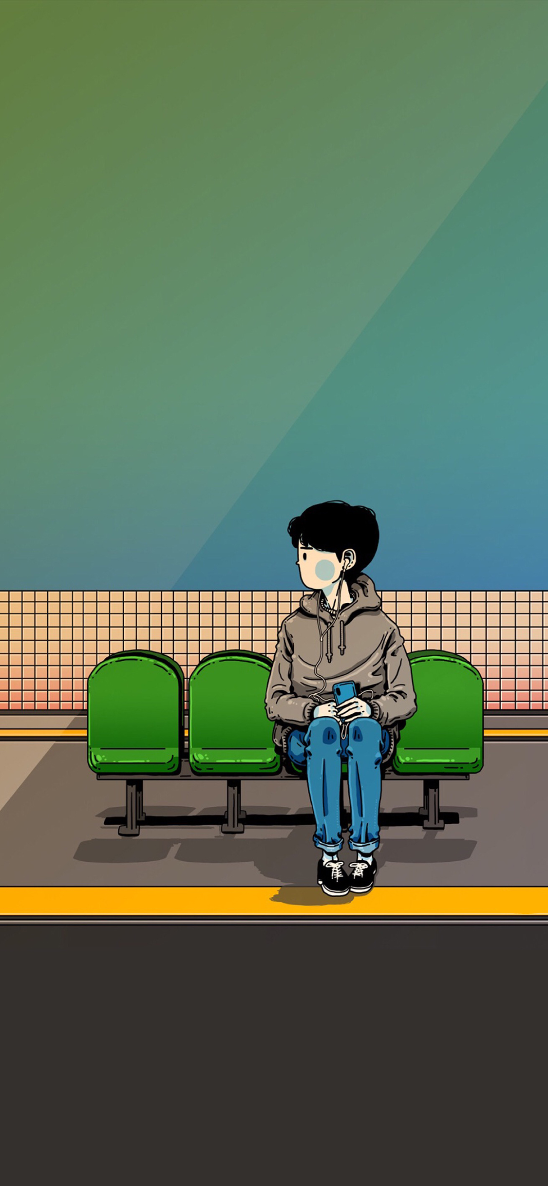 [2436×1125]CJroblue插图 男孩 车站 苹果手机动漫壁纸图片