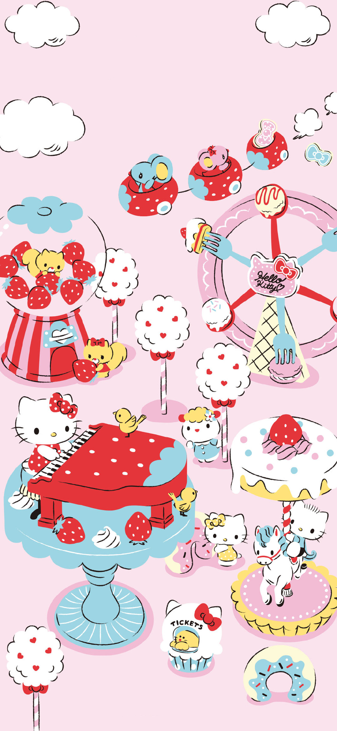[2436×1125]Hello Kitty 凯特猫 卡通 粉色 草莓 苹果手机动漫壁纸图片