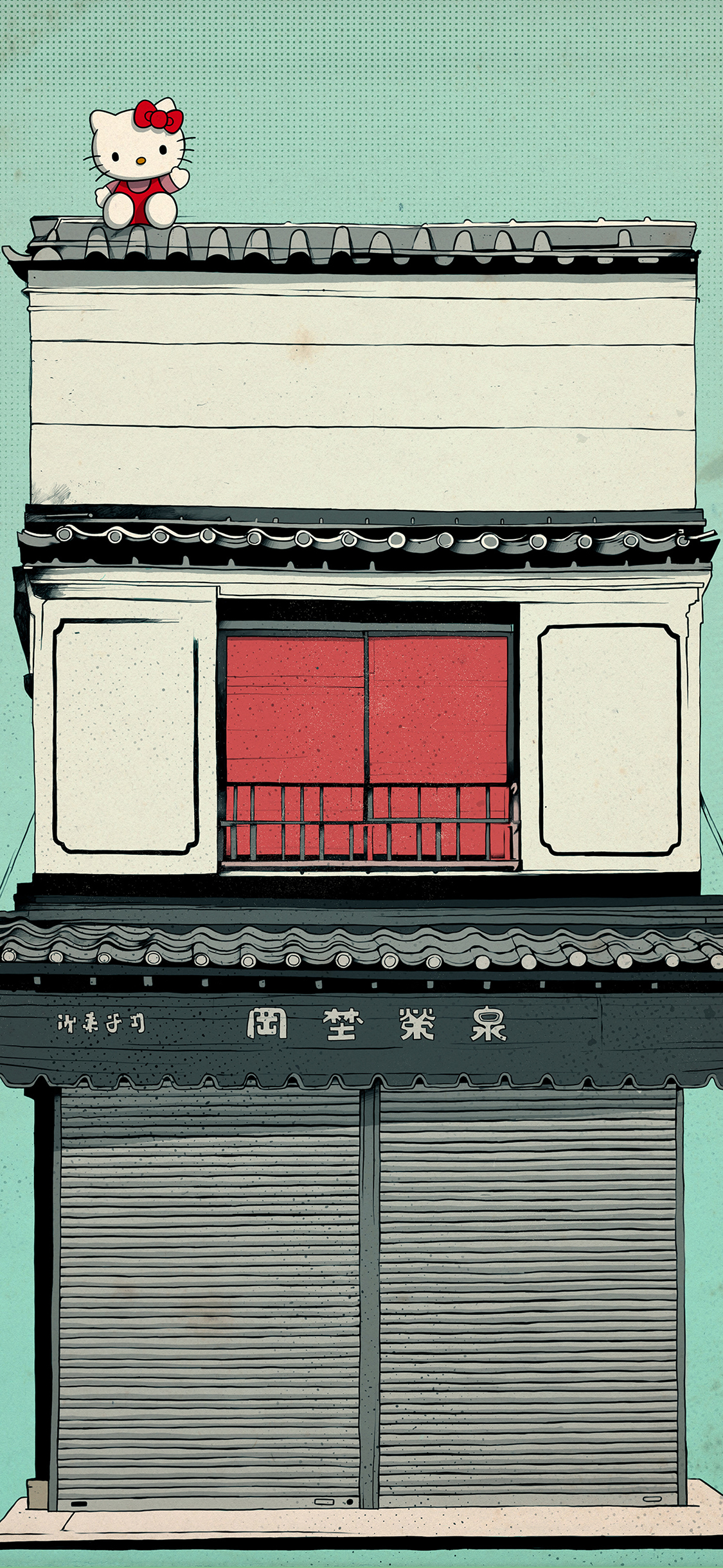 [2436×1125]Hello Kitty 凯特猫 漫画 复古 房屋 苹果手机动漫壁纸图片