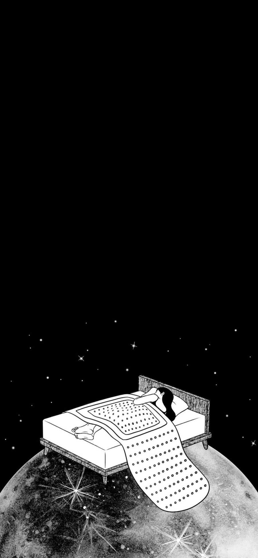 [2436×1125]Henn Kim插画 女孩 睡觉 星空 苹果手机动漫壁纸图片