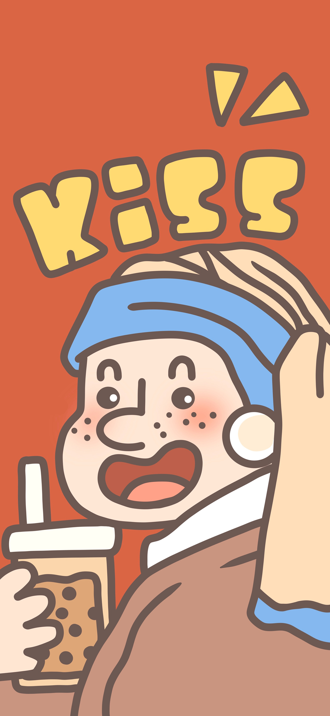 [2436×1125]KISS 戴珍珠耳环的少女 奶茶 卡通 雀斑 苹果手机动漫壁纸图片