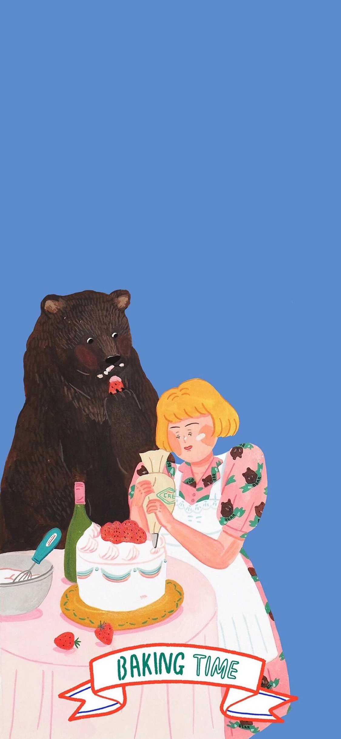 [2436×1125]baking time 黑熊 女孩 插画 苹果手机动漫壁纸图片
