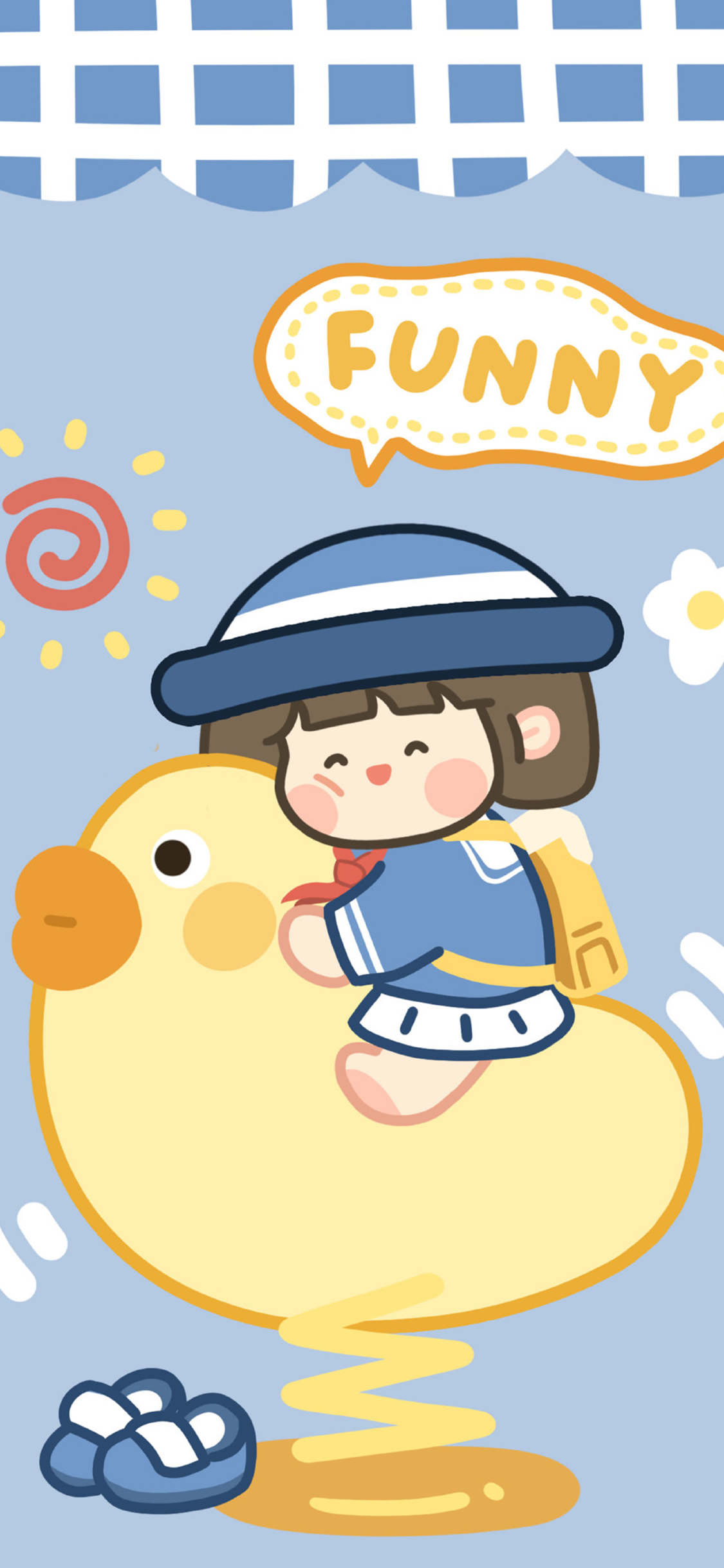 [2436×1125]funny 女孩 小黄鸭 卡通 肉肉酱 苹果手机动漫壁纸图片