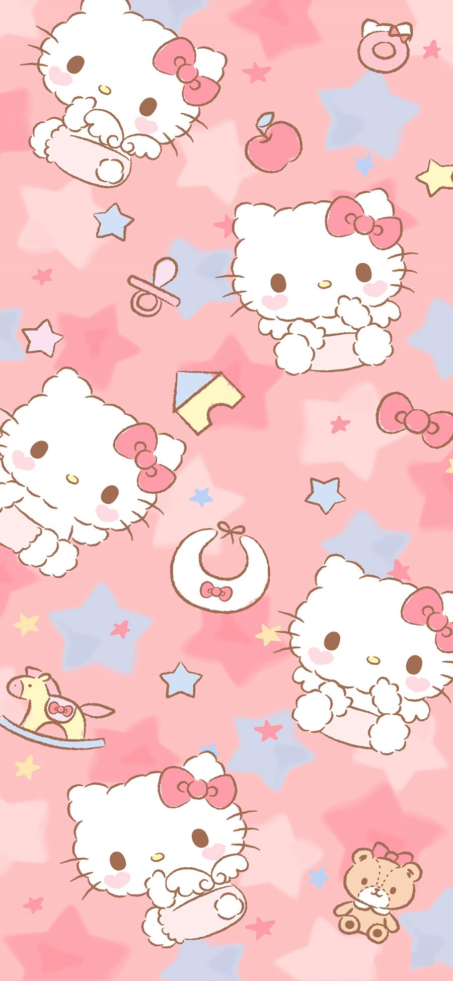 [2436×1125]hello kitty 凯特猫 粉色 木马 蝴蝶结 星星 苹果手机动漫壁纸图片