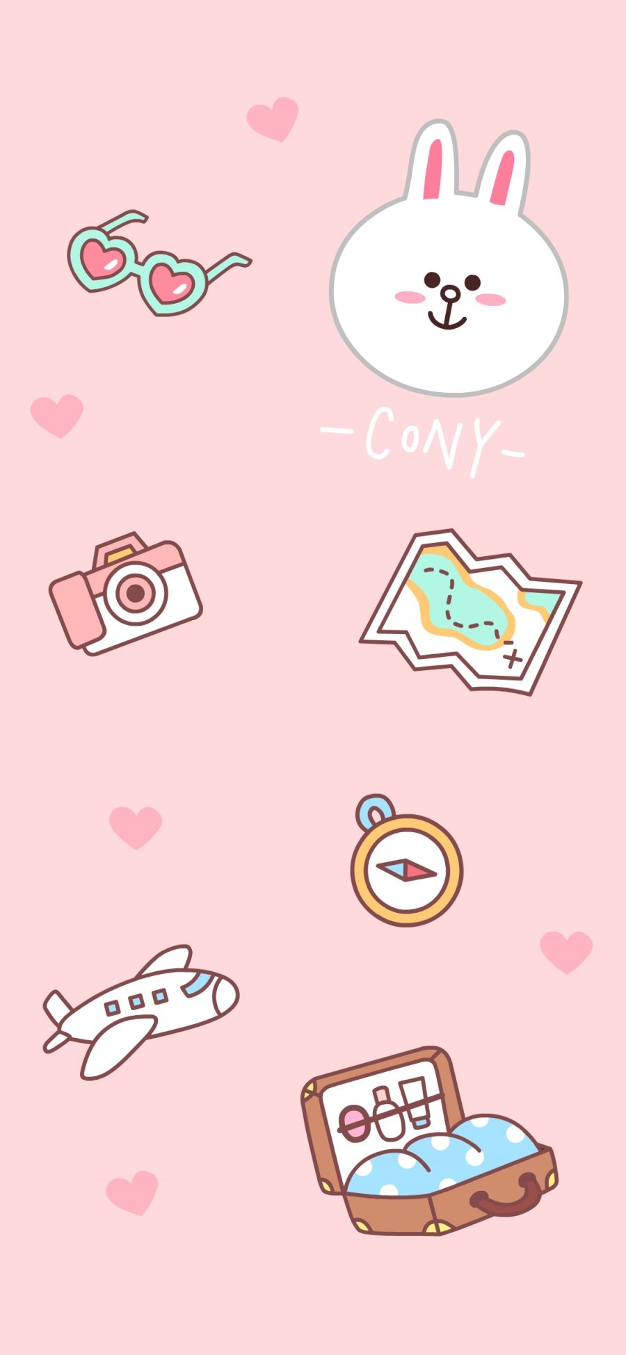 [2436×1125]line friends 可妮兔 卡通 可爱 旅行 飞机 相机 地图 粉色 苹果手机动漫壁纸图片