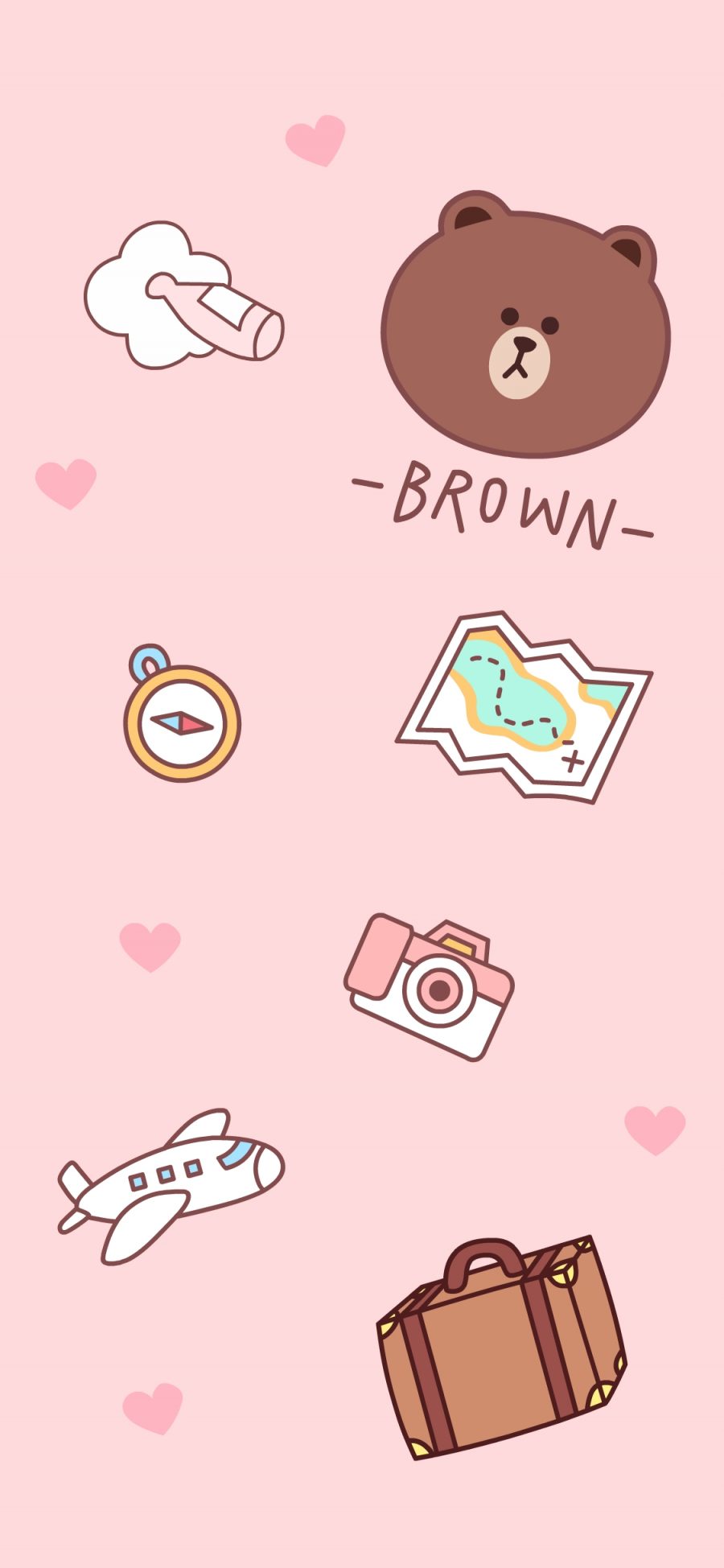 [2436×1125]line friends 布朗熊 卡通 可爱 旅行 飞机 相机 地图 粉色 苹果手机动漫壁纸图片