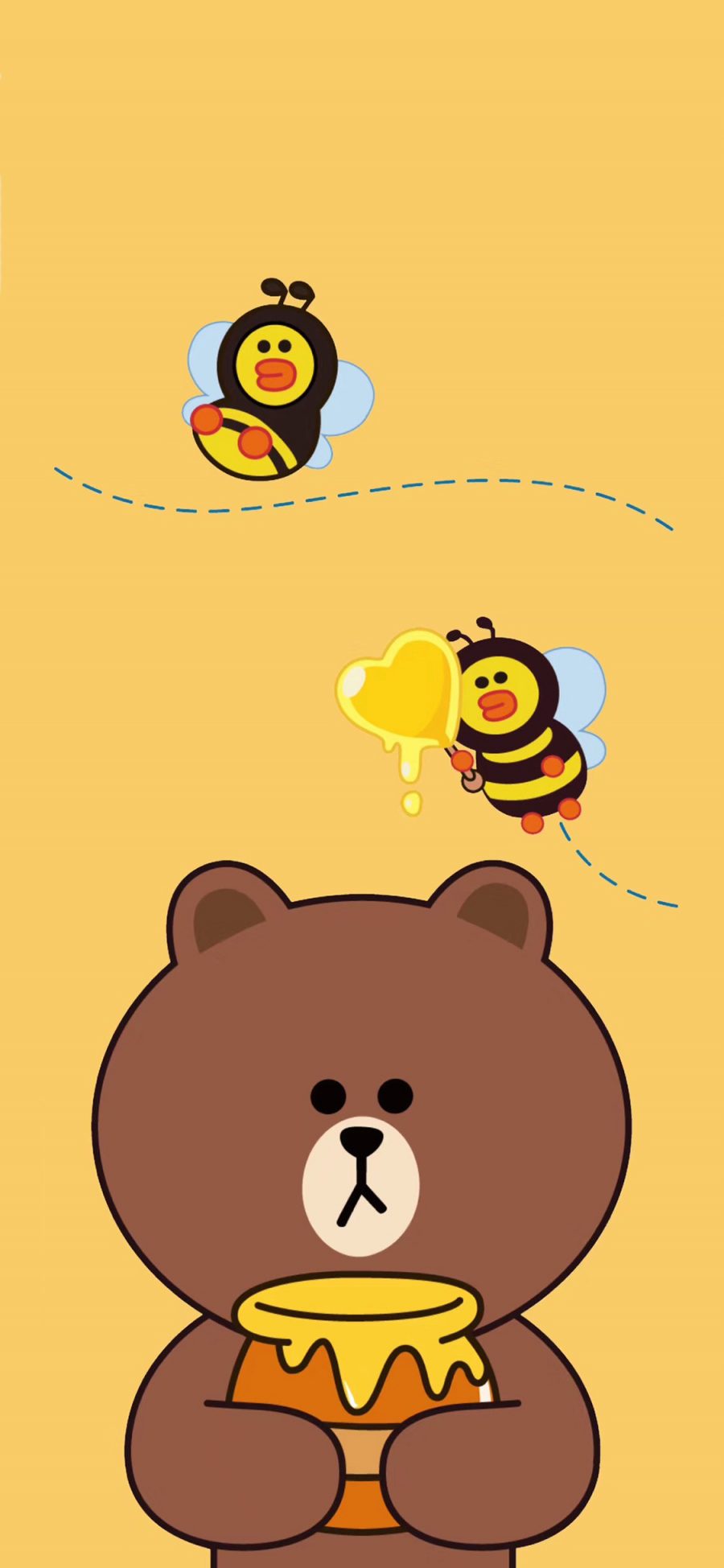 [2436×1125]line friends 布朗熊 卡通 可爱 黄色 蜜蜂 苹果手机动漫壁纸图片