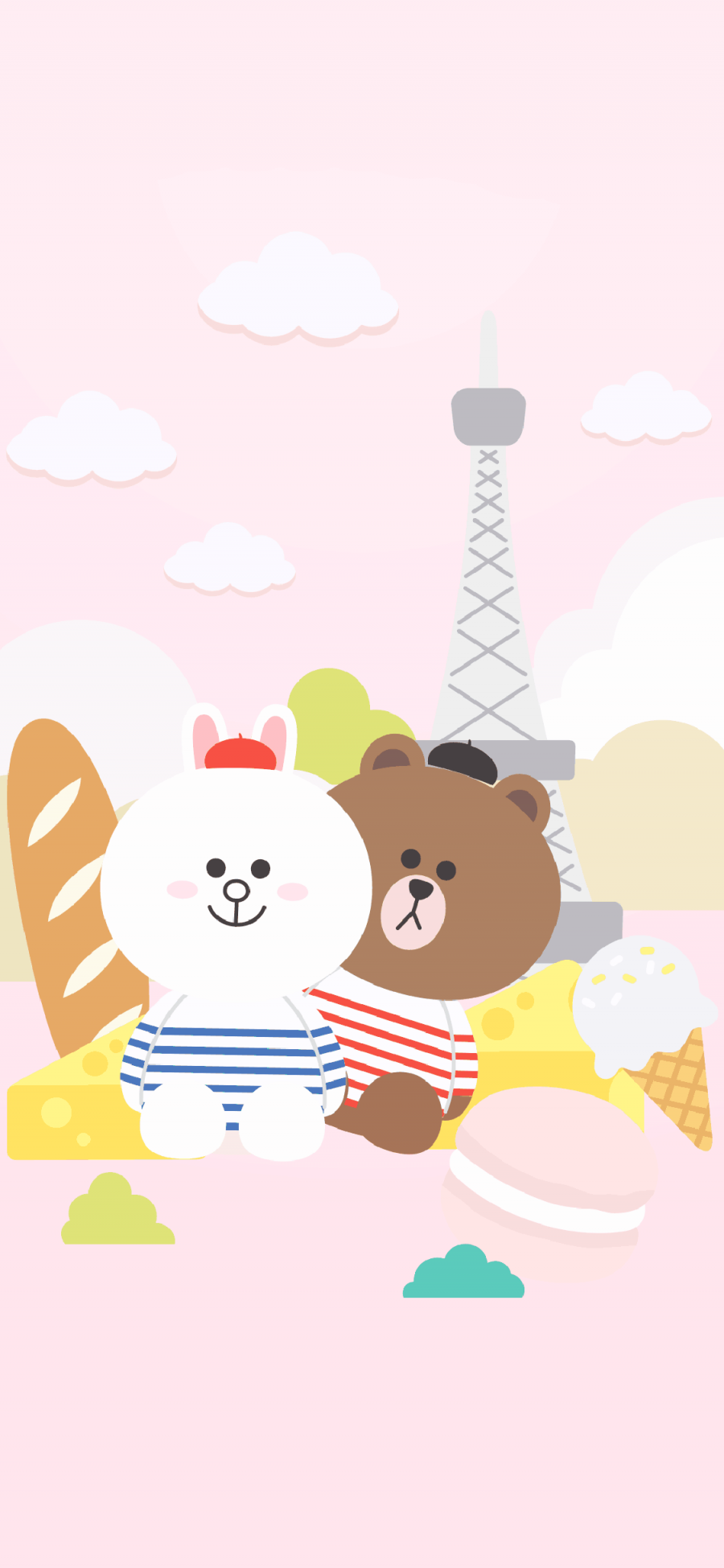 [2436×1125]line friends 布朗熊 可妮兔 可爱 粉色 卡通 苹果手机动漫壁纸图片