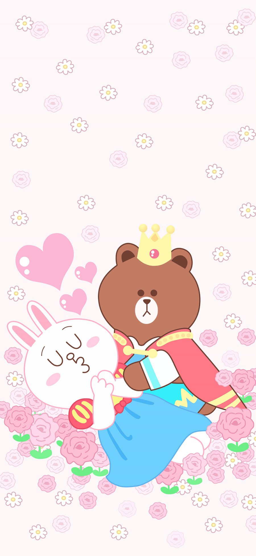 [2436×1125]line friends 布朗熊 可妮兔 浪漫 玫瑰 王子 公主 粉色 苹果手机动漫壁纸图片