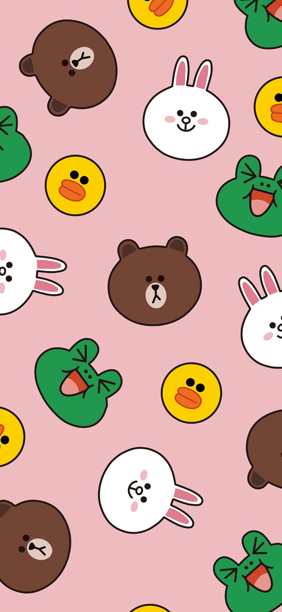 [2436×1125]line friends 布朗熊 可妮兔 萨莉鸡 青蛙 粉色 平铺 苹果手机动漫壁纸图片