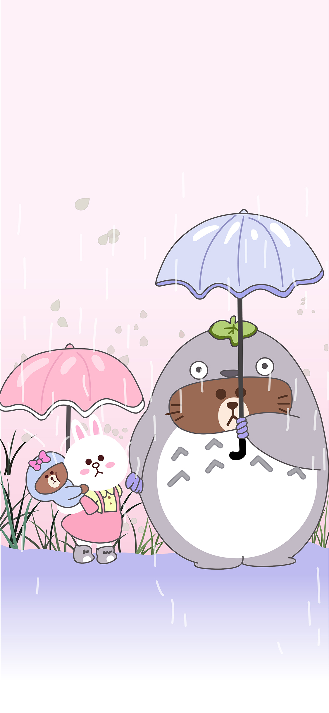 [2436×1125]line friends 龙猫 布朗熊 可妮兔 雨 动画 卡通 可爱 苹果手机动漫壁纸图片