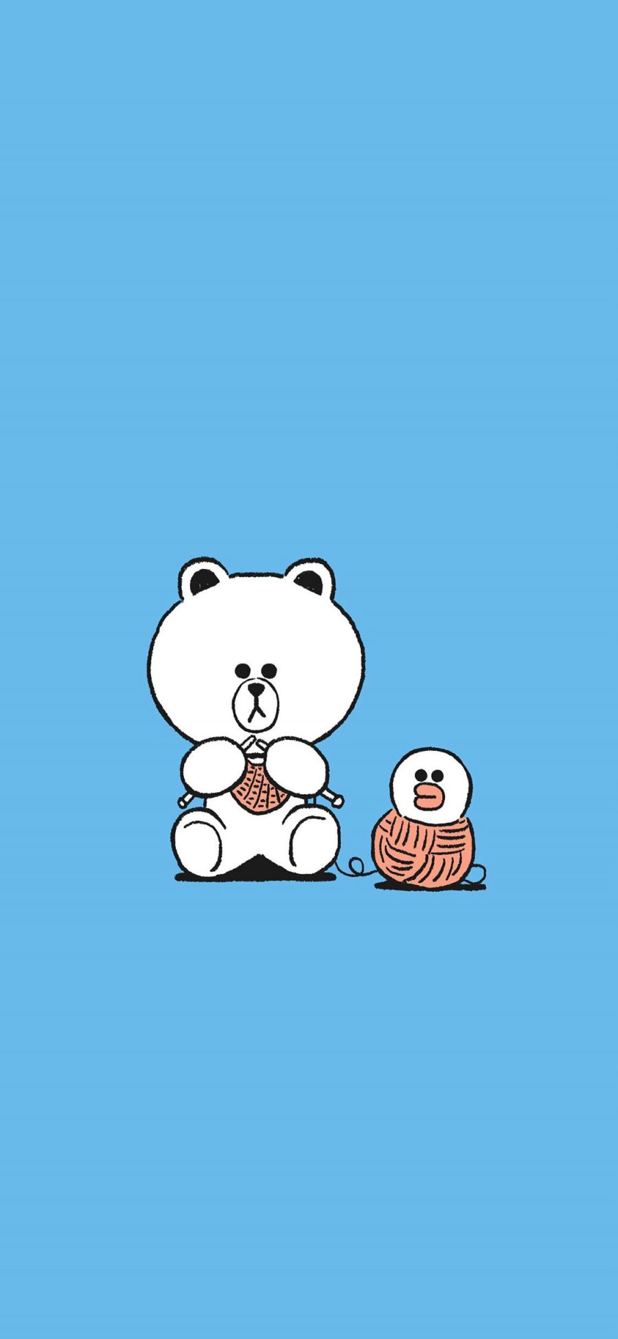 [2436×1125]linefriends 卡通 布朗熊 蓝色 织围巾 毛线球 苹果手机动漫壁纸图片