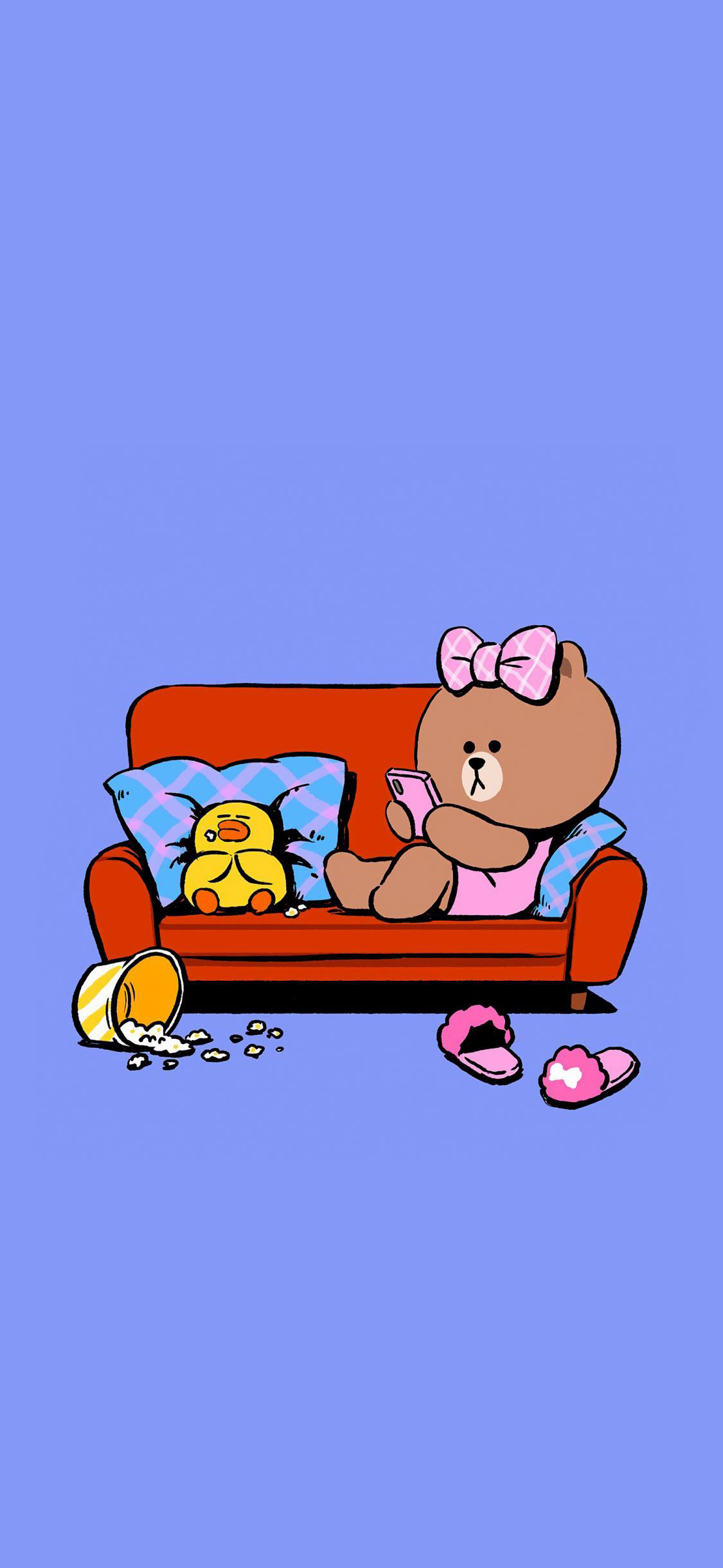 [2436×1125]linefriends 卡通 沙发 丘可 萨莉鸡 苹果手机动漫壁纸图片
