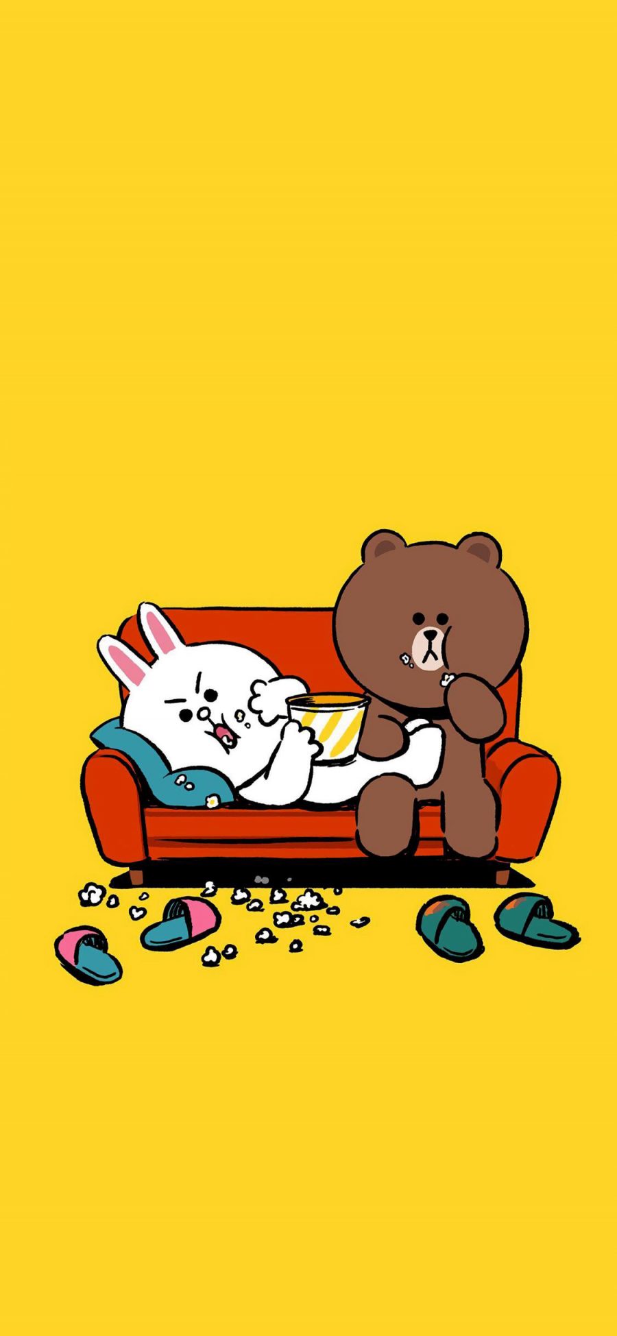 [2436×1125]linefriends 可妮兔 布朗熊 爆米花 沙发 黄色 苹果手机动漫壁纸图片