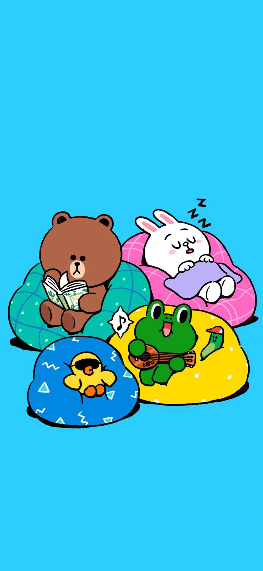 [2436×1125]linefriends 可妮兔 布朗熊 萨莉鸡 青蛙 沙发 卡通 苹果手机动漫壁纸图片