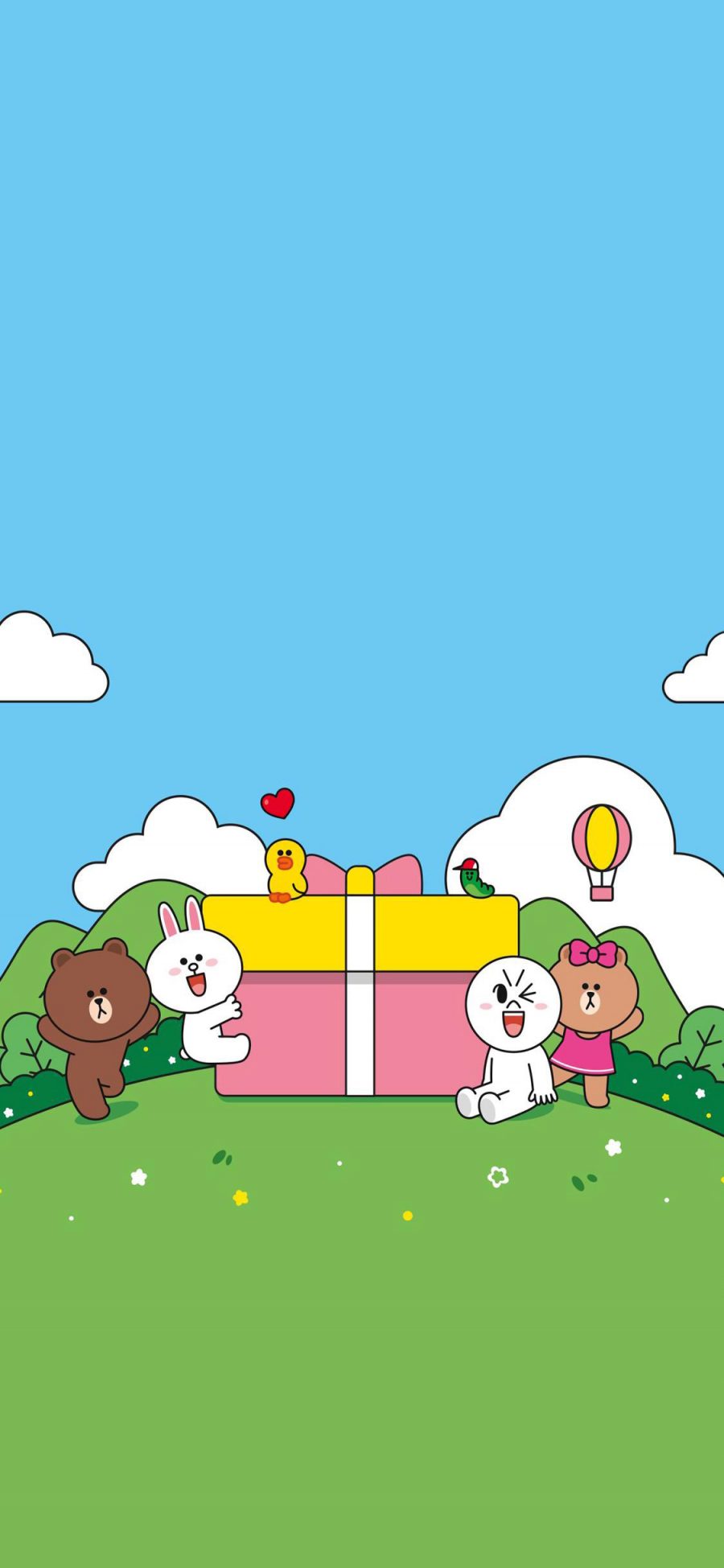 [2436×1125]linefriends 布朗熊 可妮兔 卡通 礼物盒 苹果手机动漫壁纸图片