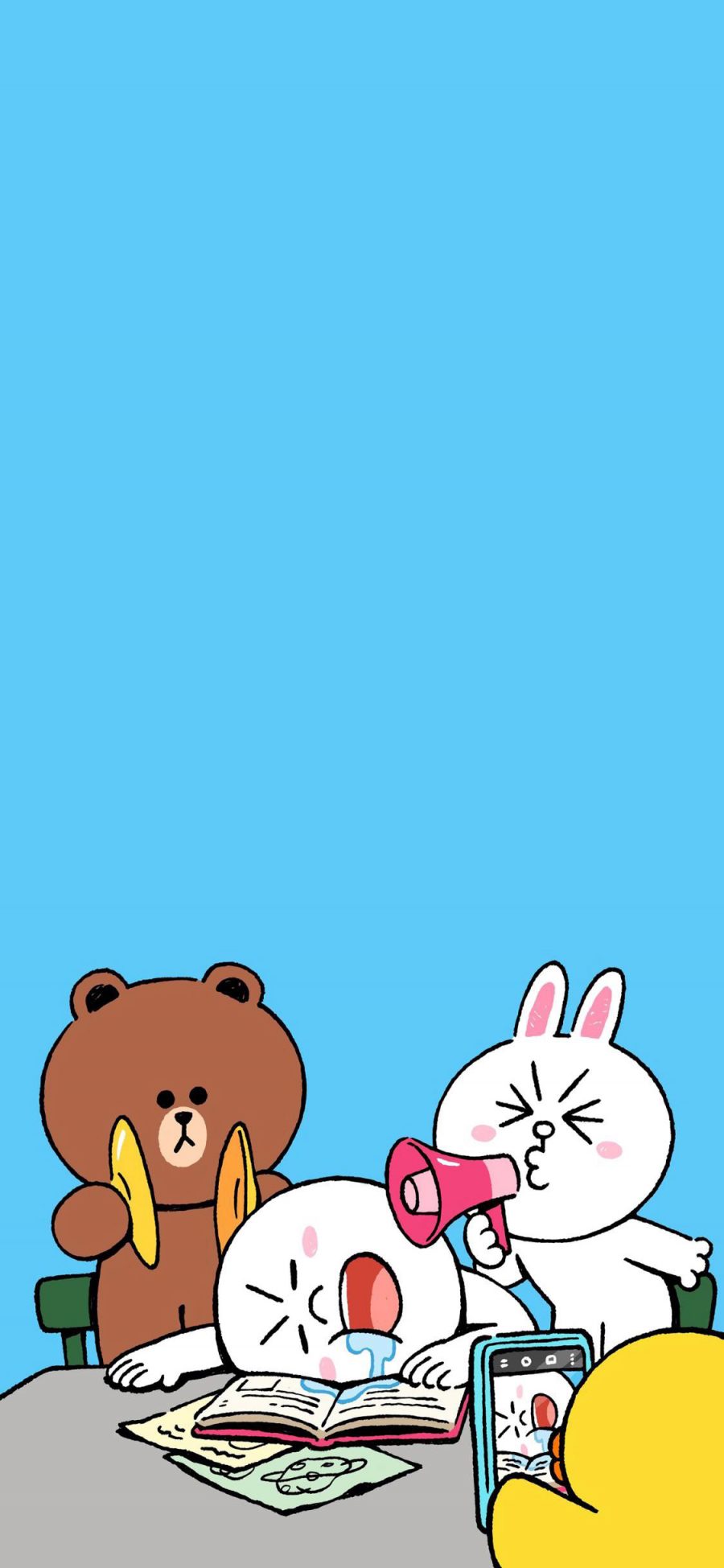 [2436×1125]linefriends 布朗熊 可妮兔 喇叭 蓝色 苹果手机动漫壁纸图片