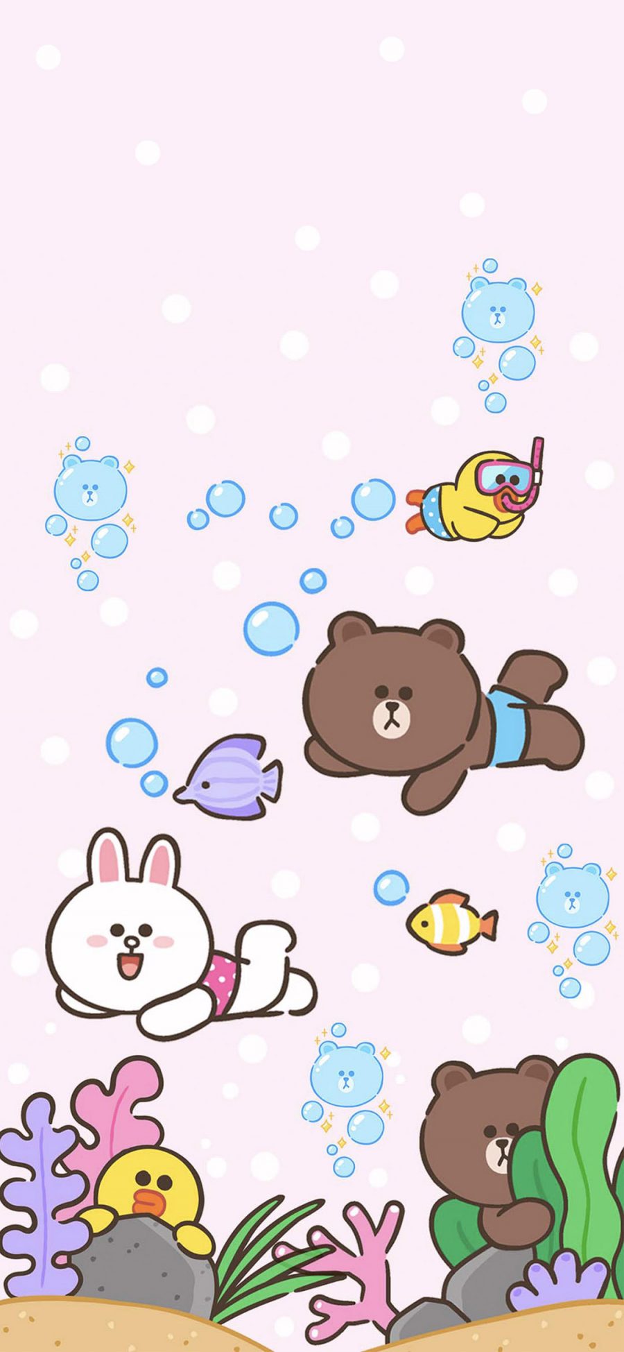 [2436×1125]linefriends 布朗熊 可妮兔 游泳 苹果手机动漫壁纸图片