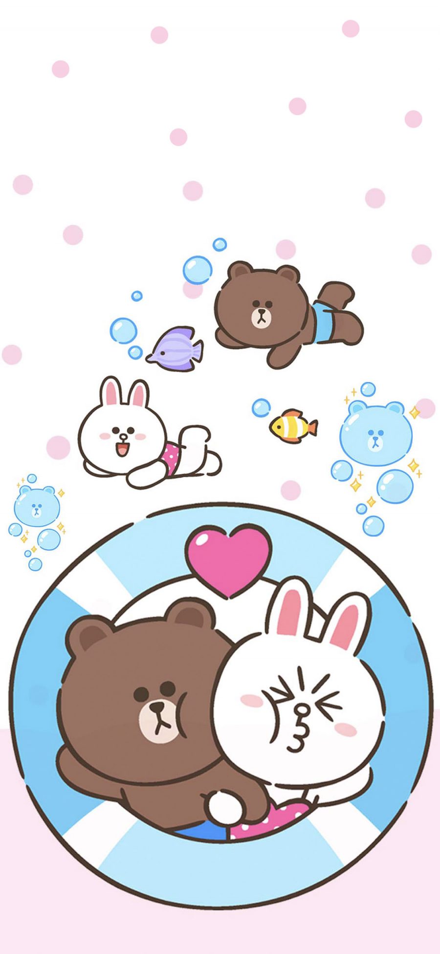 [2436×1125]linefriends 布朗熊 可妮兔 游泳 爱心 苹果手机动漫壁纸图片