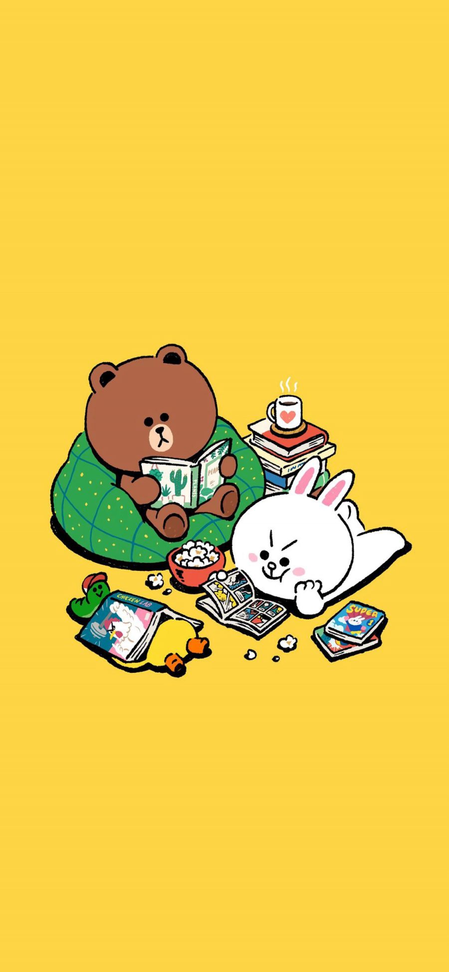 [2436×1125]linefriends 布朗熊 可妮兔 萨莉鸡 阅读 黄色 书本 苹果手机动漫壁纸图片