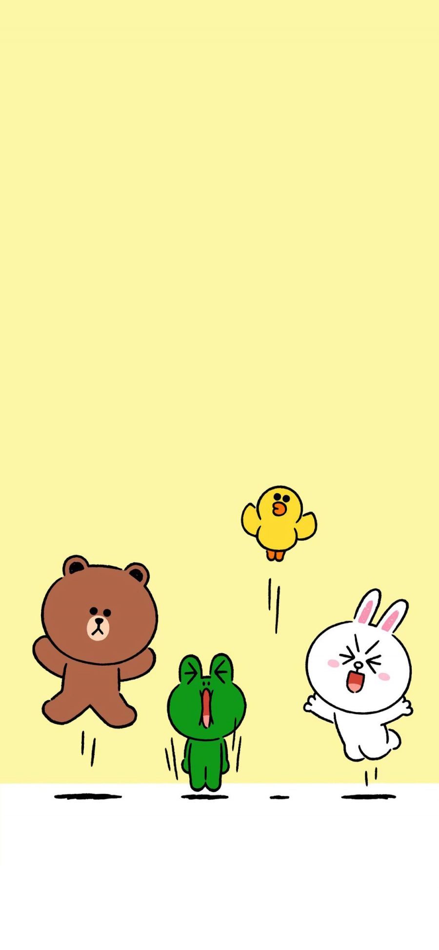 [2436×1125]linefriends 布朗熊 可妮兔 萨莉鸡 青蛙 黄色 苹果手机动漫壁纸图片