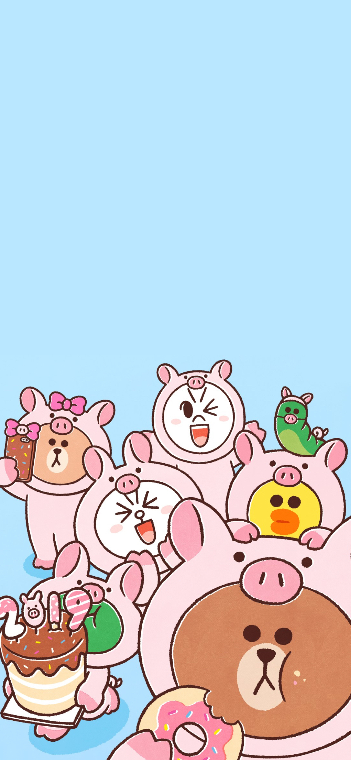 [2436×1125]linefriends 布朗熊 可妮兔 蓝色 可爱 苹果手机动漫壁纸图片