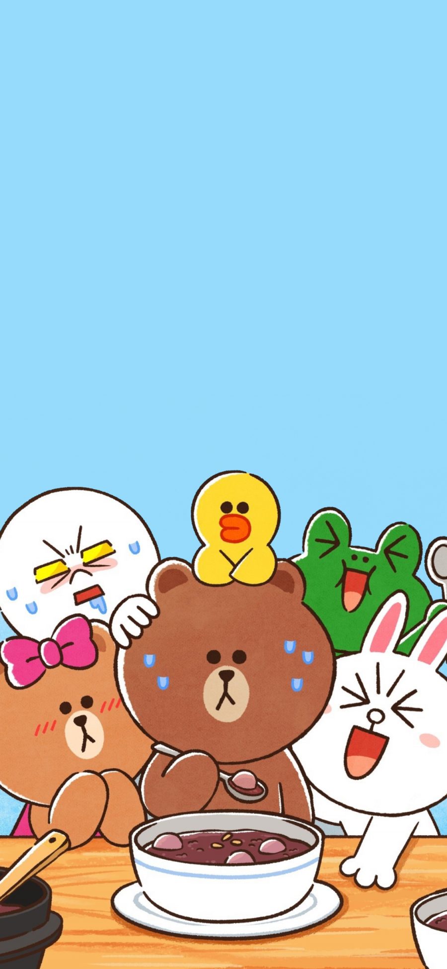 [2436×1125]linefriends 布朗熊 可妮兔 蓝色 可爱 汤圆 苹果手机动漫壁纸图片