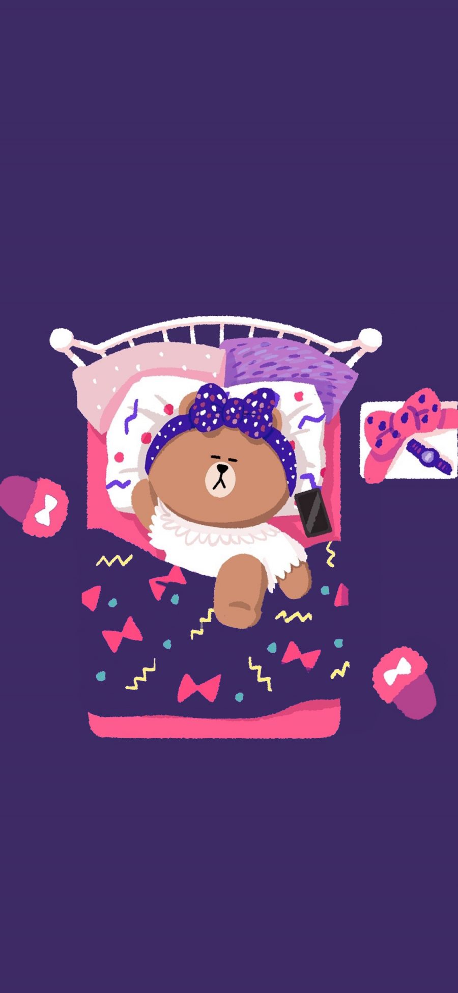 [2436×1125]linefriends 布朗熊 被窝 紫色 卡通 苹果手机动漫壁纸图片