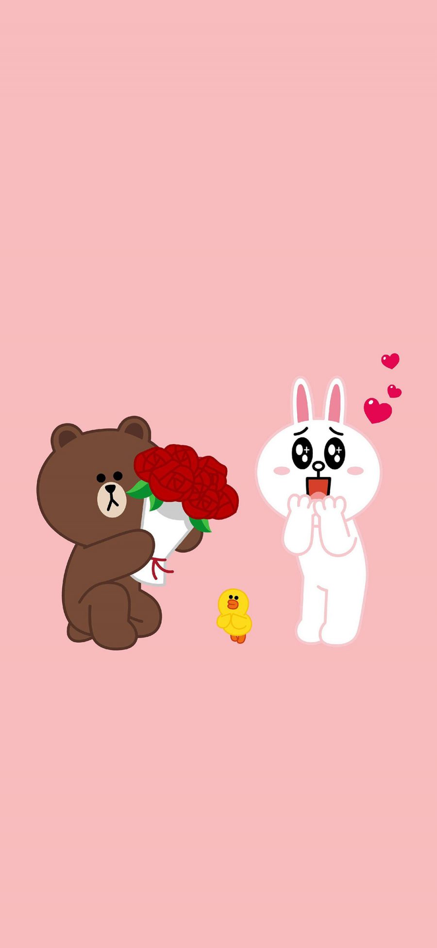 [2436×1125]linefriends 粉色 可妮兔 布朗熊 萨莉鸡 玫瑰 爱情 苹果手机动漫壁纸图片