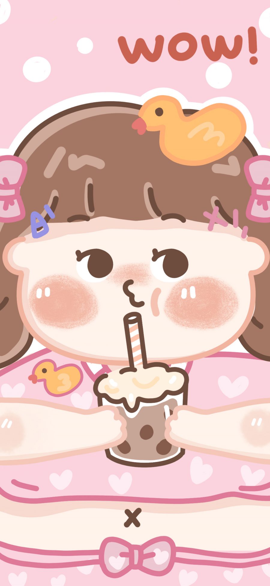 [2436×1125]wow 吃 女孩 胖子 胖妞 肚腩 鸭子 粉色 苹果手机动漫壁纸图片
