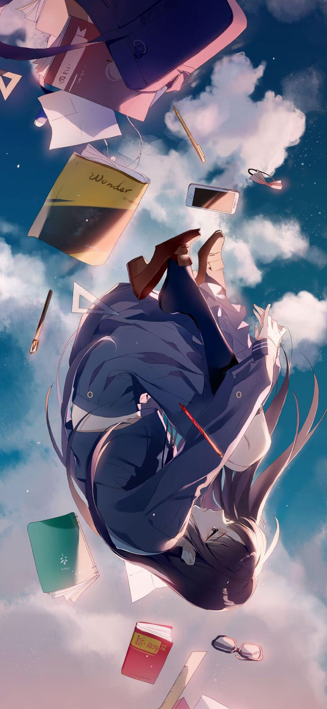 [2436×1125]二次元 少女 书本 插图 苹果手机动漫壁纸图片