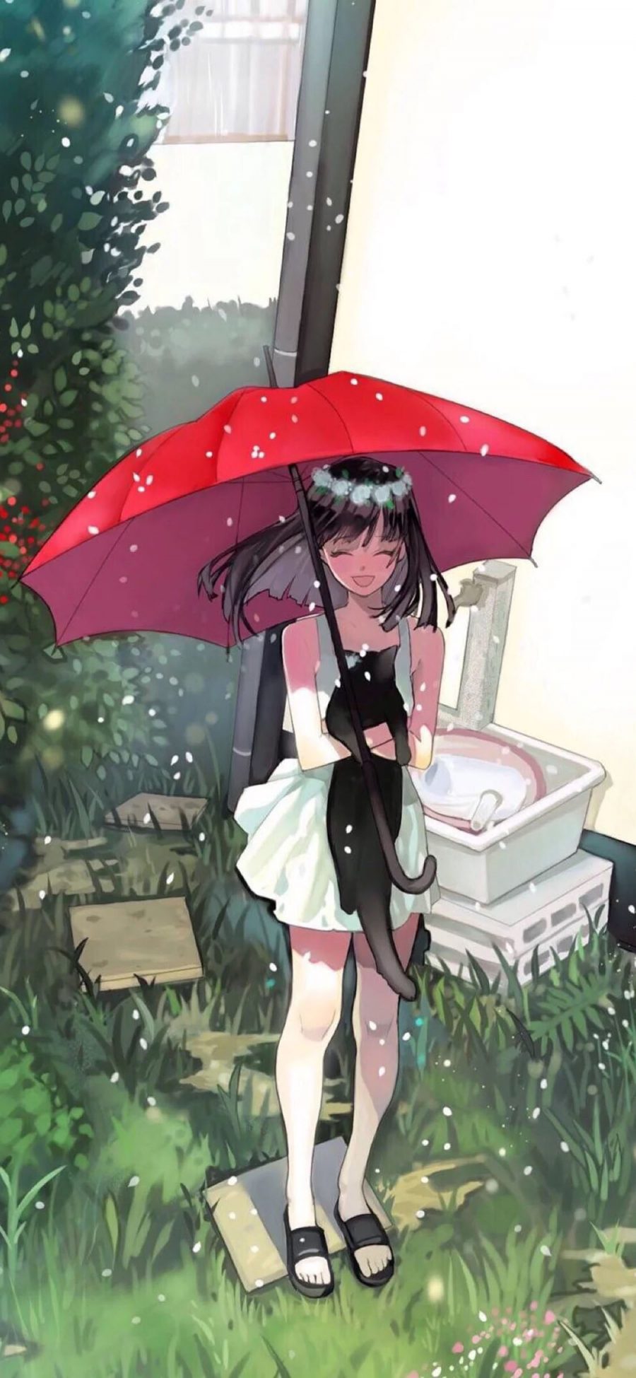 [2436×1125]二次元女孩 雨天 红伞 黑猫 苹果手机动漫壁纸图片