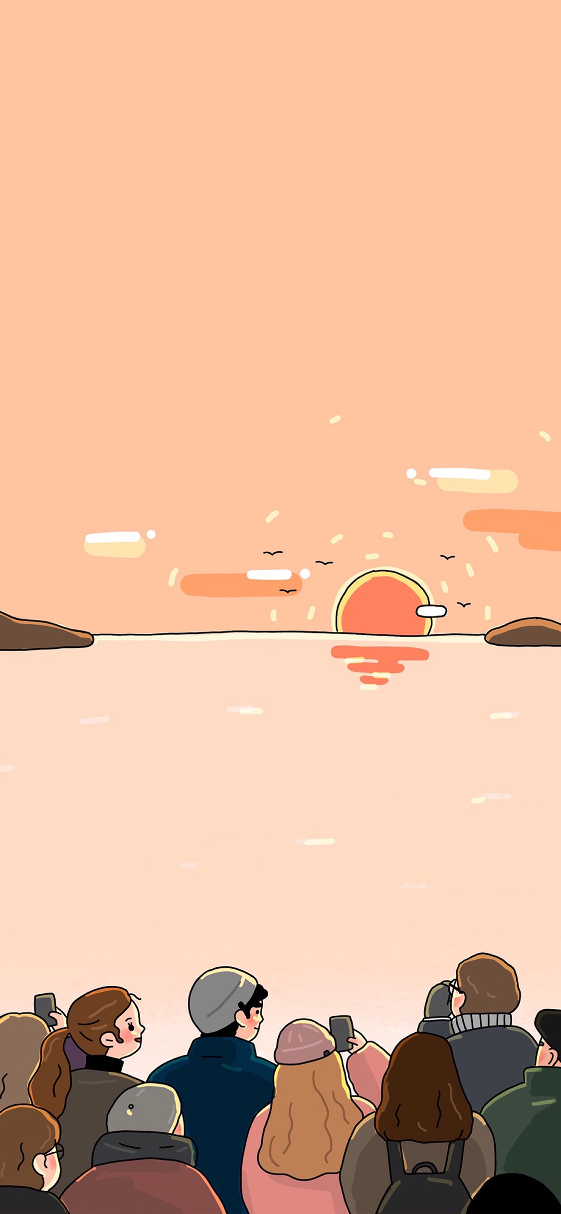 [2436×1125]人物 插图 日落 拍照 韩国插画师 苹果手机动漫壁纸图片