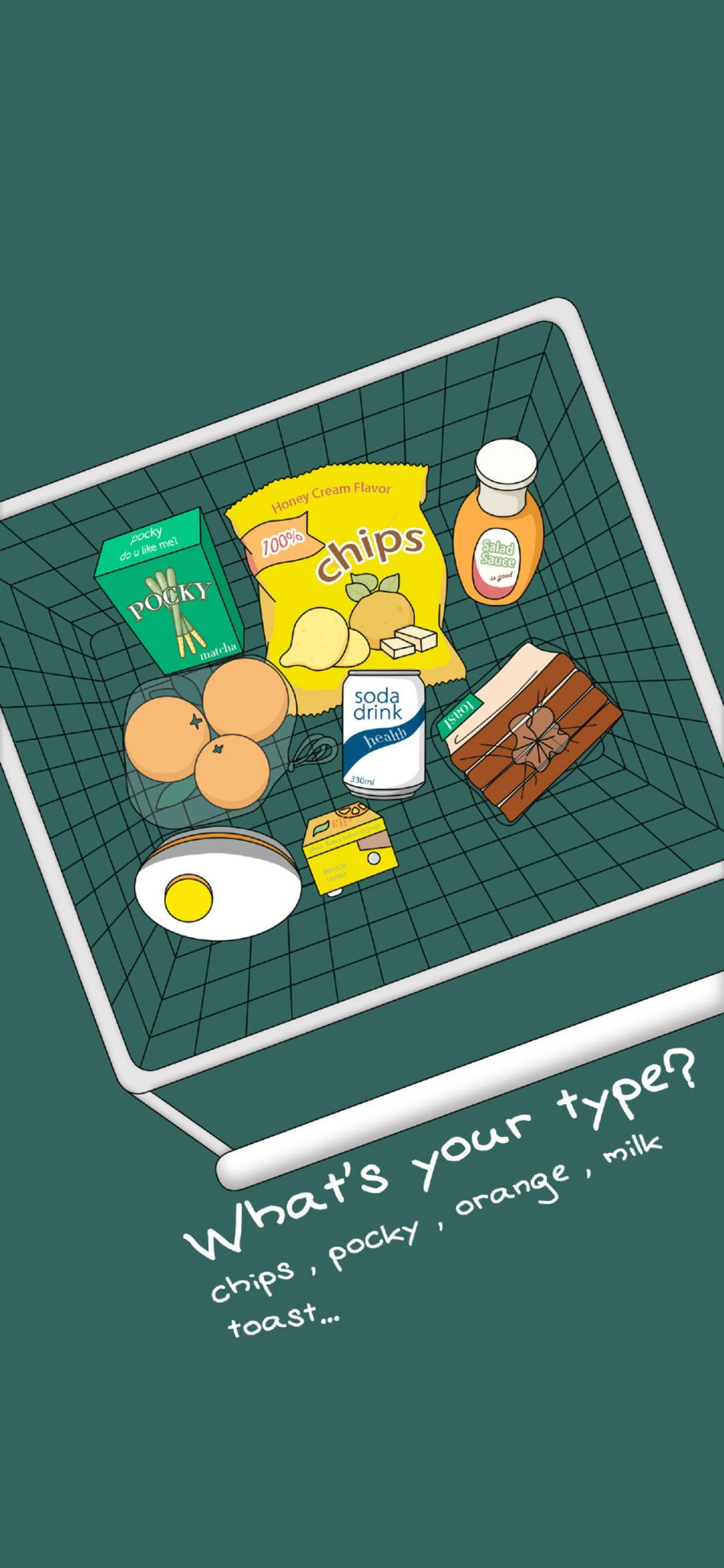 [2436×1125]你是什么类型 薯片 牛奶 橙子 面包 插画 苹果手机动漫壁纸图片