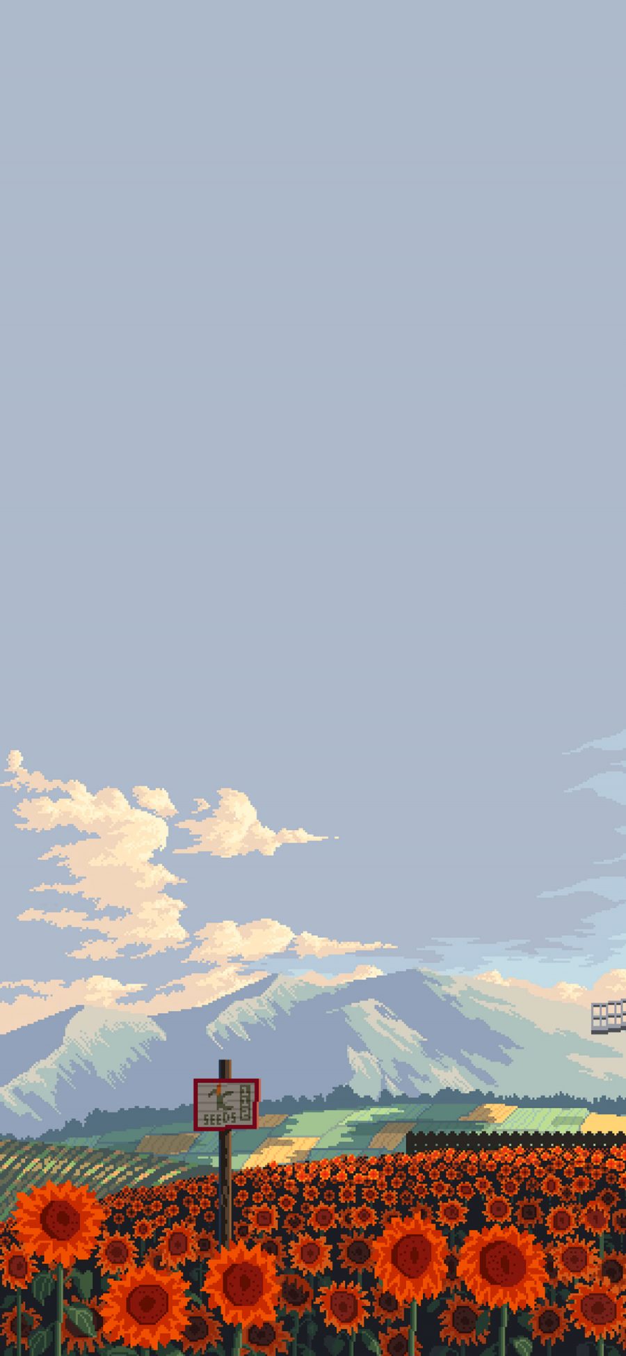 [2436×1125]像素画 花田 向日葵 风景（取自微博：Wallpaper收藏家） 苹果手机动漫壁纸图片