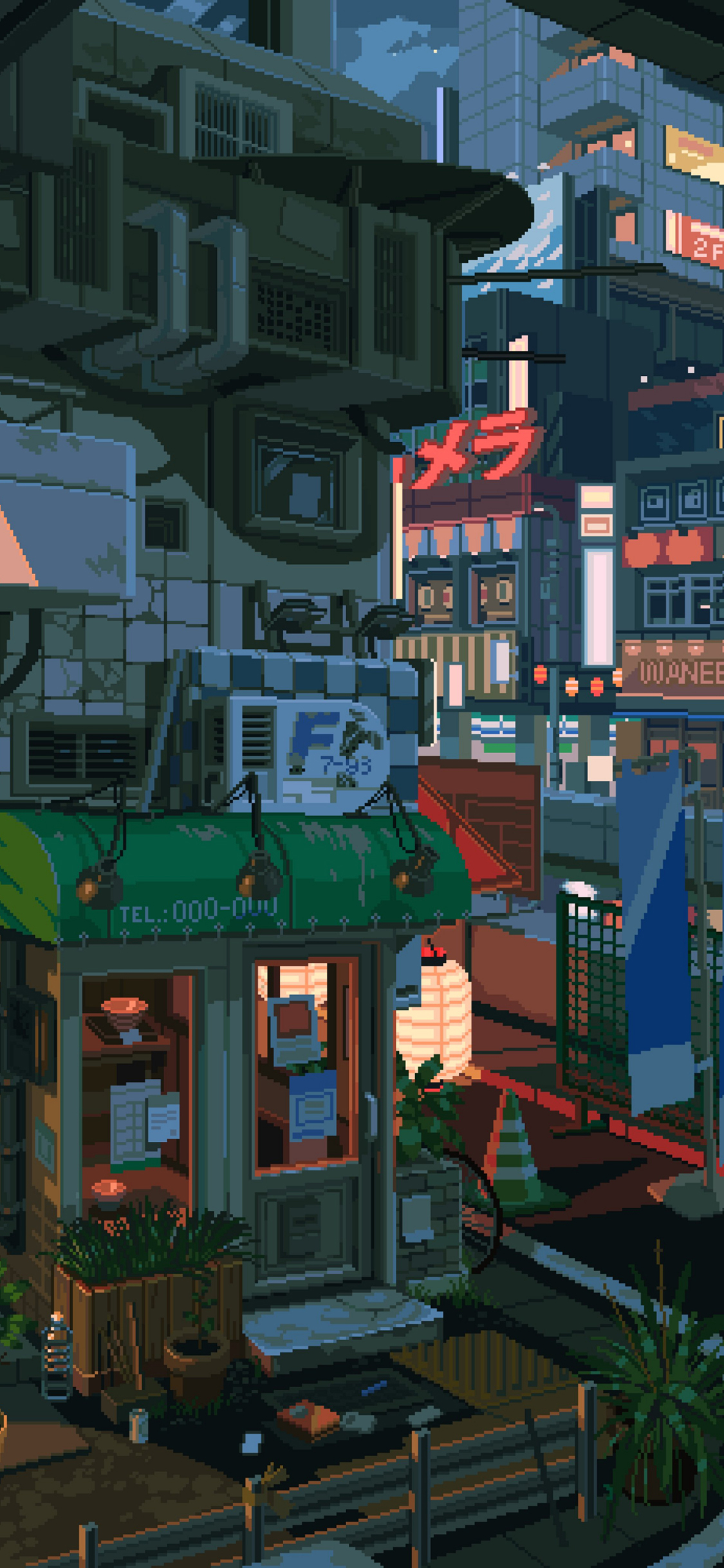 [2436×1125]像素风 街道 店铺 苹果手机动漫壁纸图片