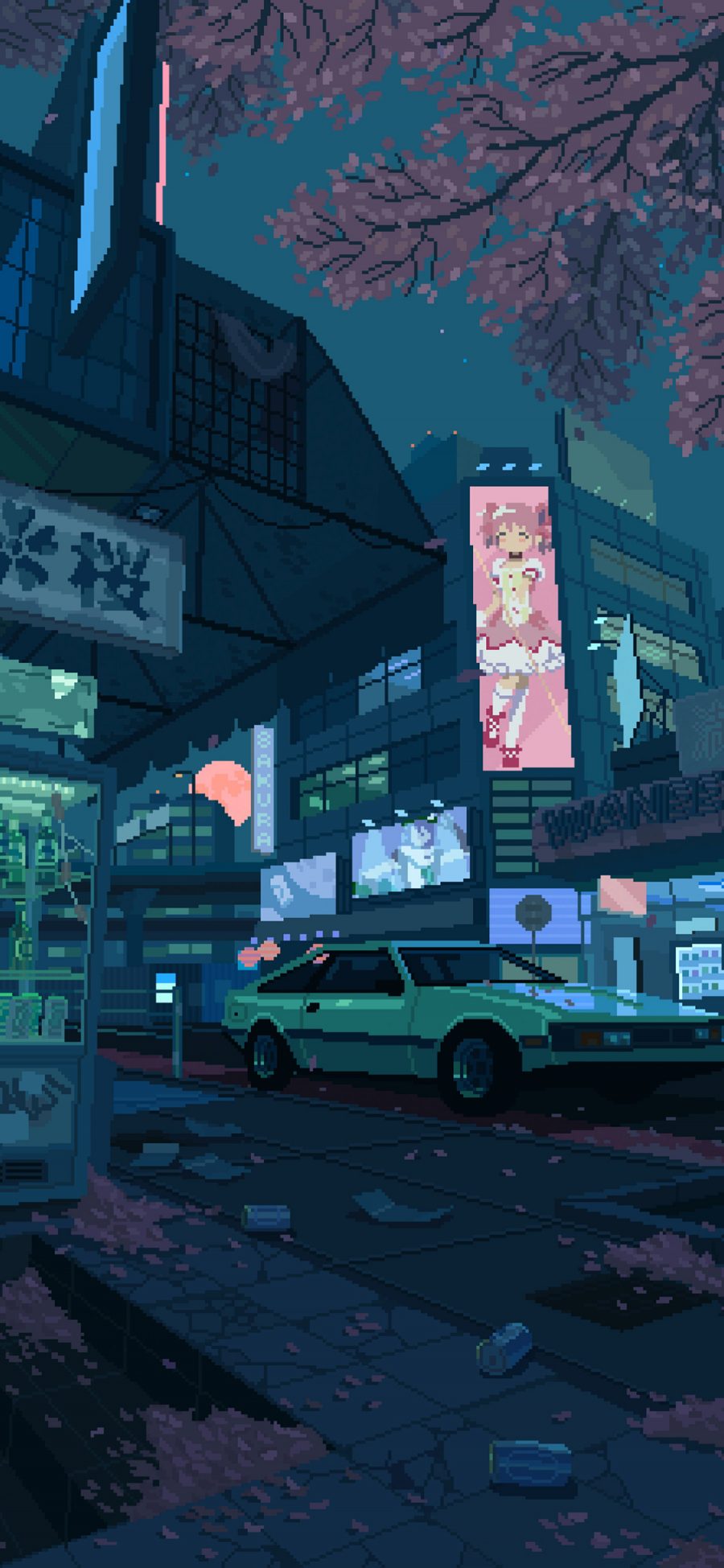 [2436×1125]像素风 街道 日本 樱花 苹果手机动漫壁纸图片