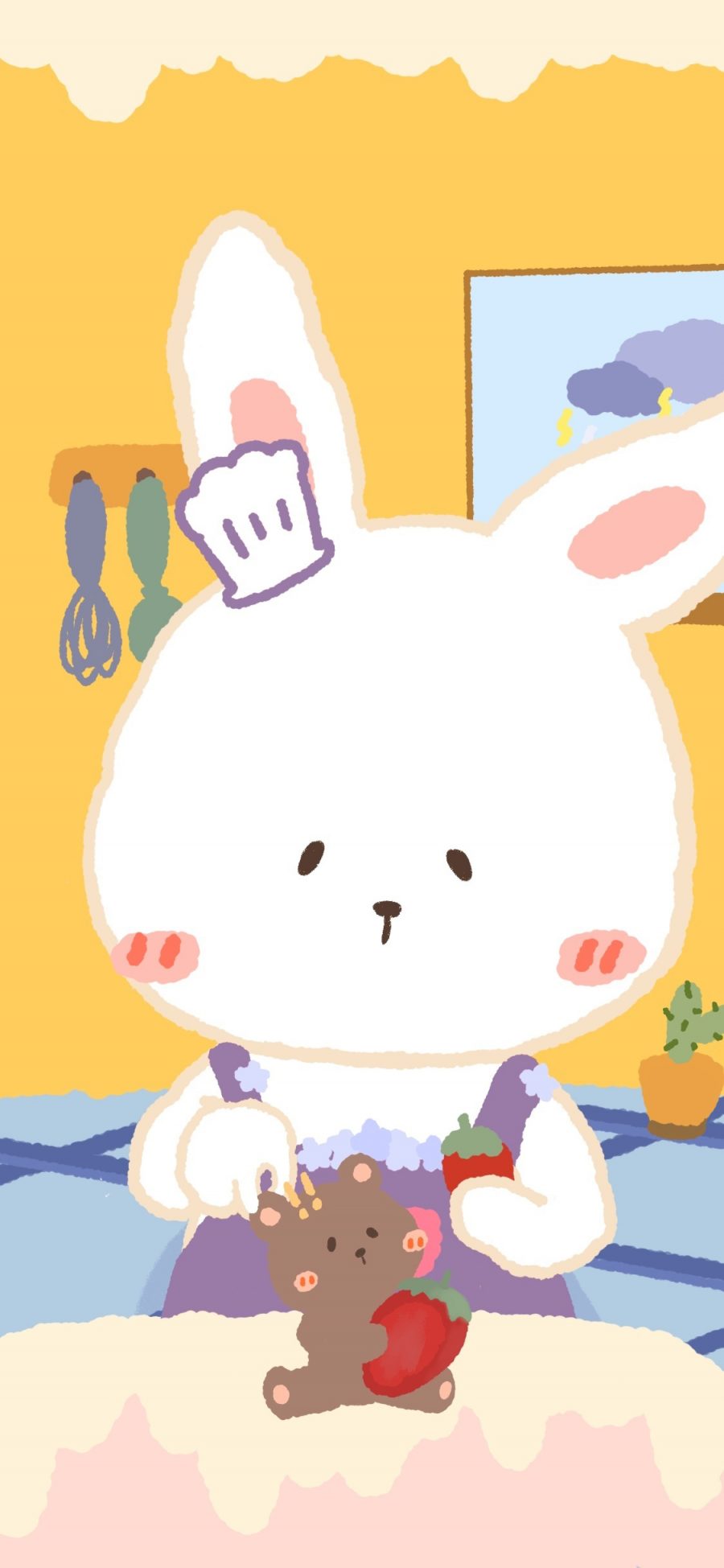 [2436×1125]兔子 小熊 草莓 可爱 卡通 苹果手机动漫壁纸图片