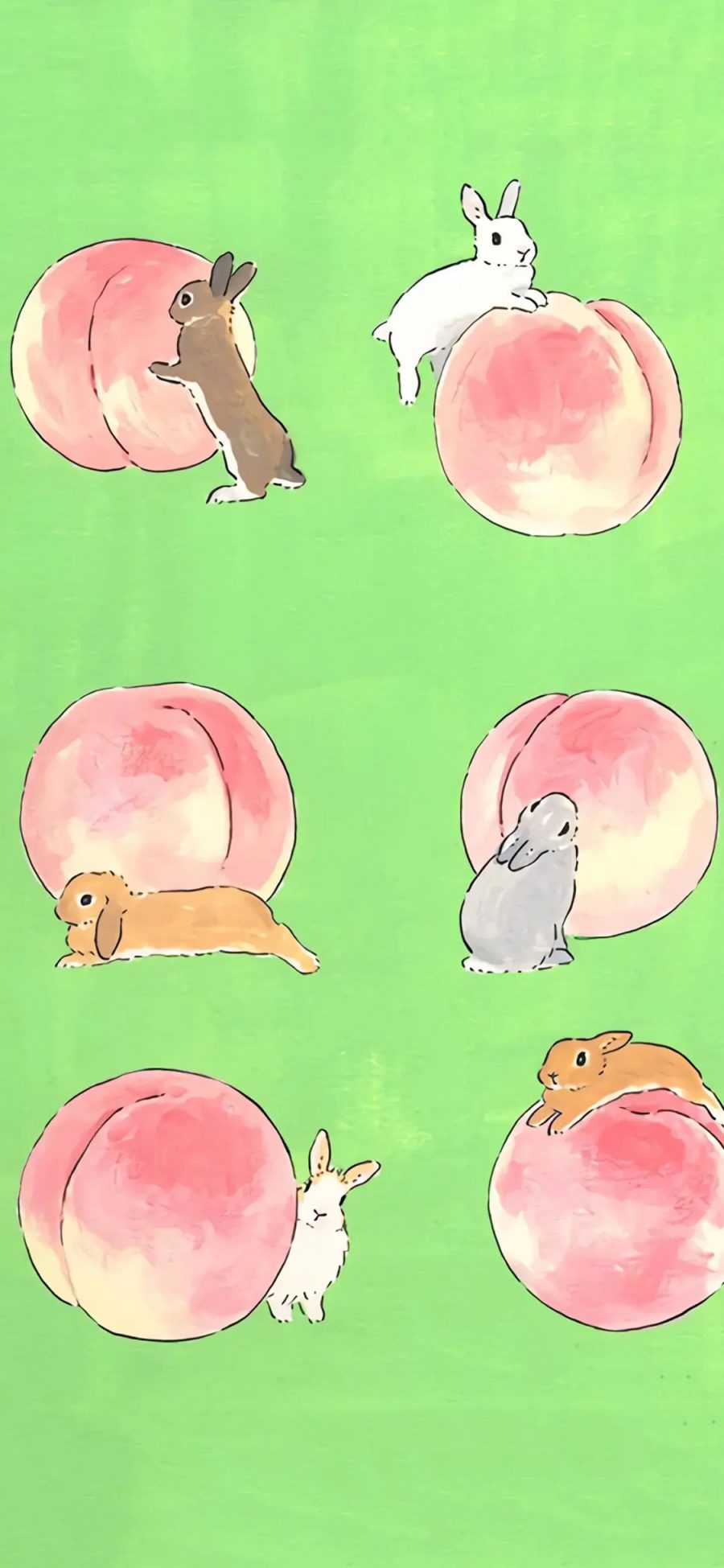 [2436×1125]兔子 插图 水蜜桃 平铺 苹果手机动漫壁纸图片