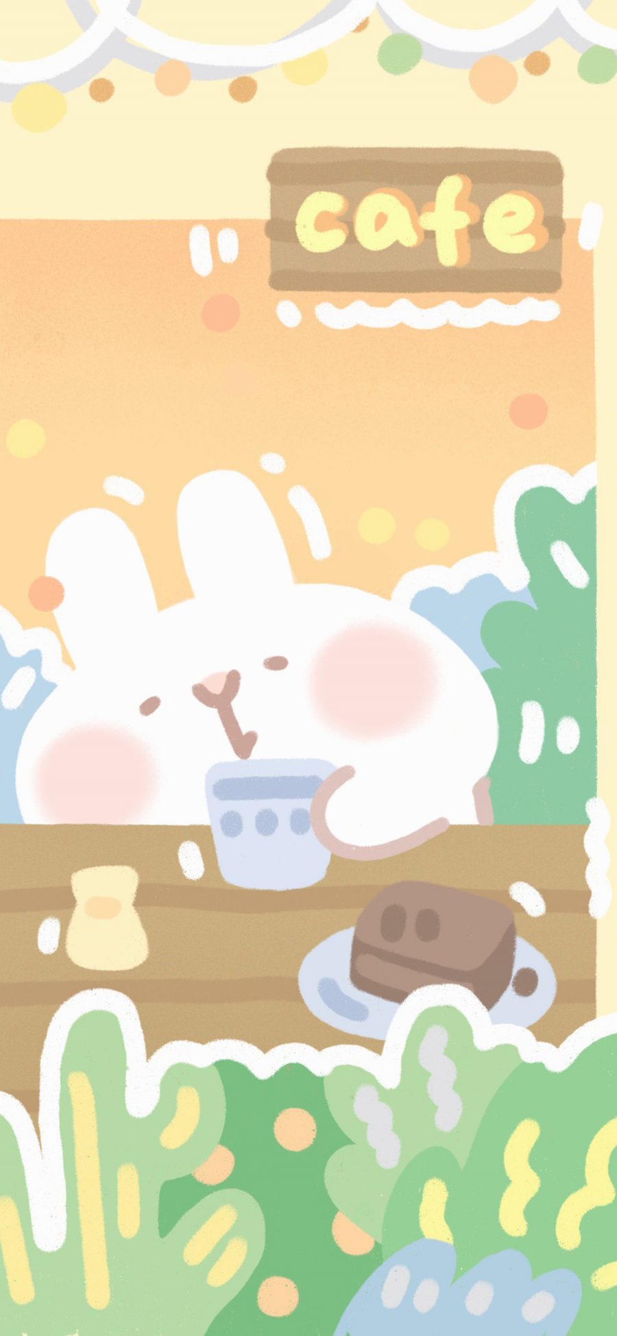 [2436×1125]兔子 插画 色彩 cafe 可爱 苹果手机动漫壁纸图片