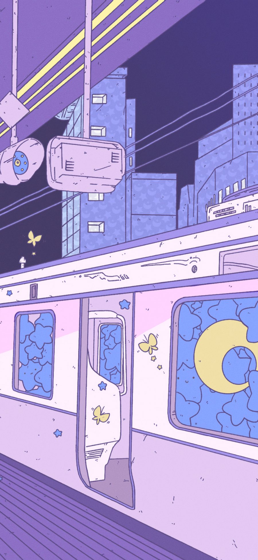 [2436×1125]列车 紫色 星星 夜晚 苹果手机动漫壁纸图片