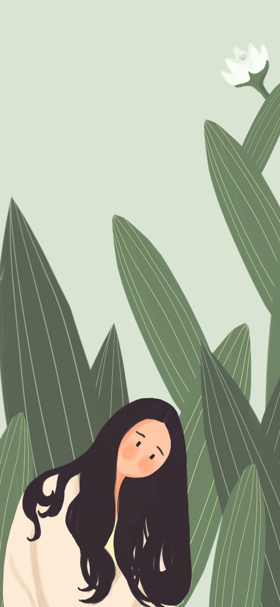 [2436×1125]创意插画 绿植  长发女孩 苹果手机动漫壁纸图片