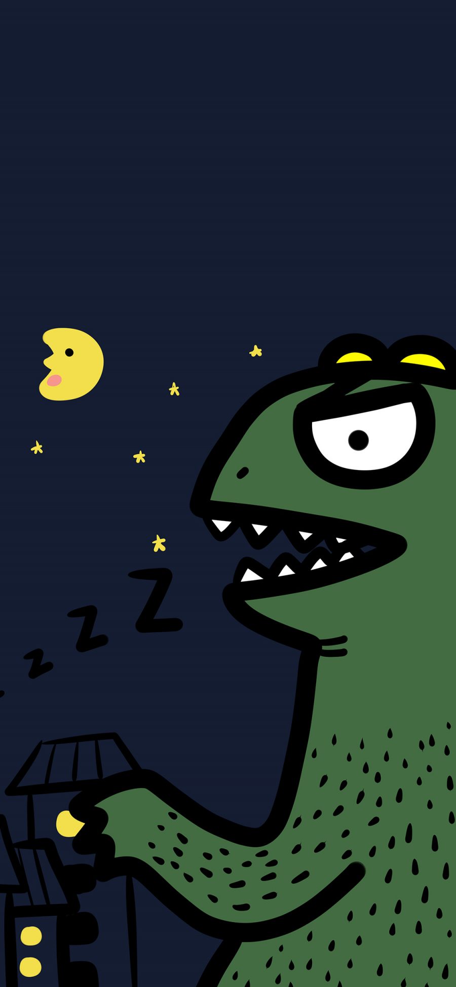 [2436×1125]动漫 卡通 恐龙 绿色  夜晚 苹果手机动漫壁纸图片